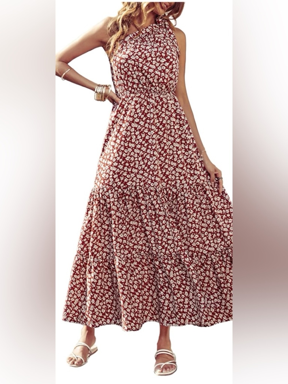 Women’s One-Shoulder Floral Maxi Dress in Burgundy by